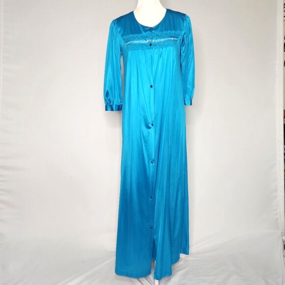 Vintage TexSheen Turquoise Satin Nightgown & Robe 2 Piece Set XS Small - Picture 1 of 9